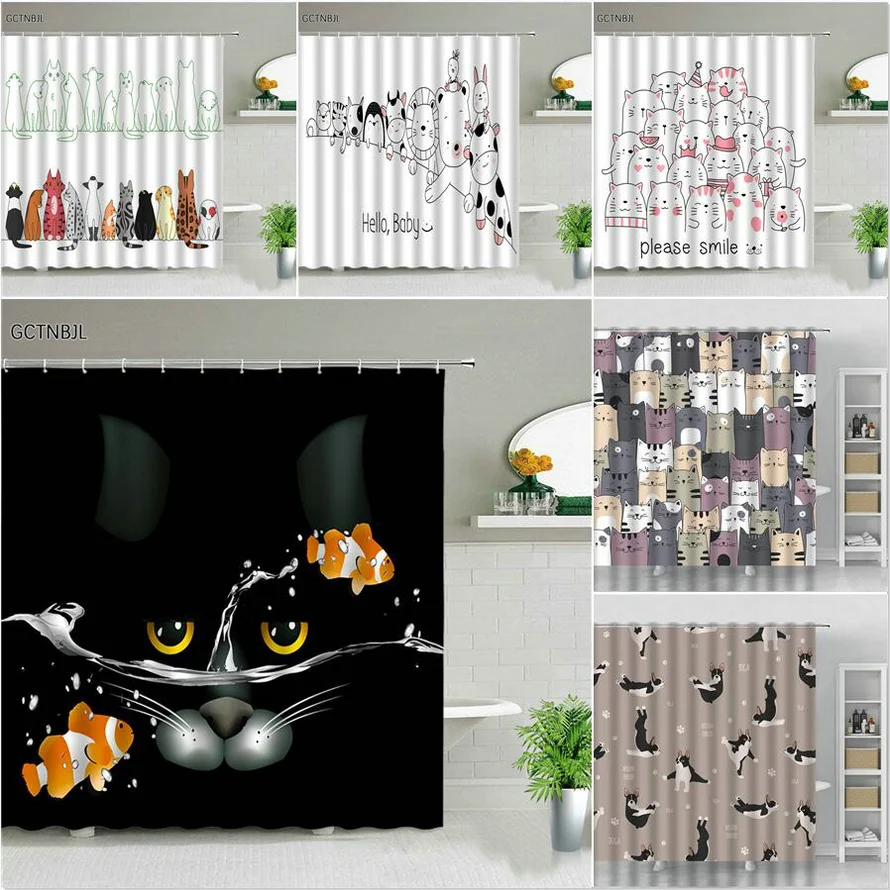 

Забавная детская занавеска для душа в виде кошки, черное украшение для детской комнаты в виде мультяшных животных, занавеска из ткани для ва...