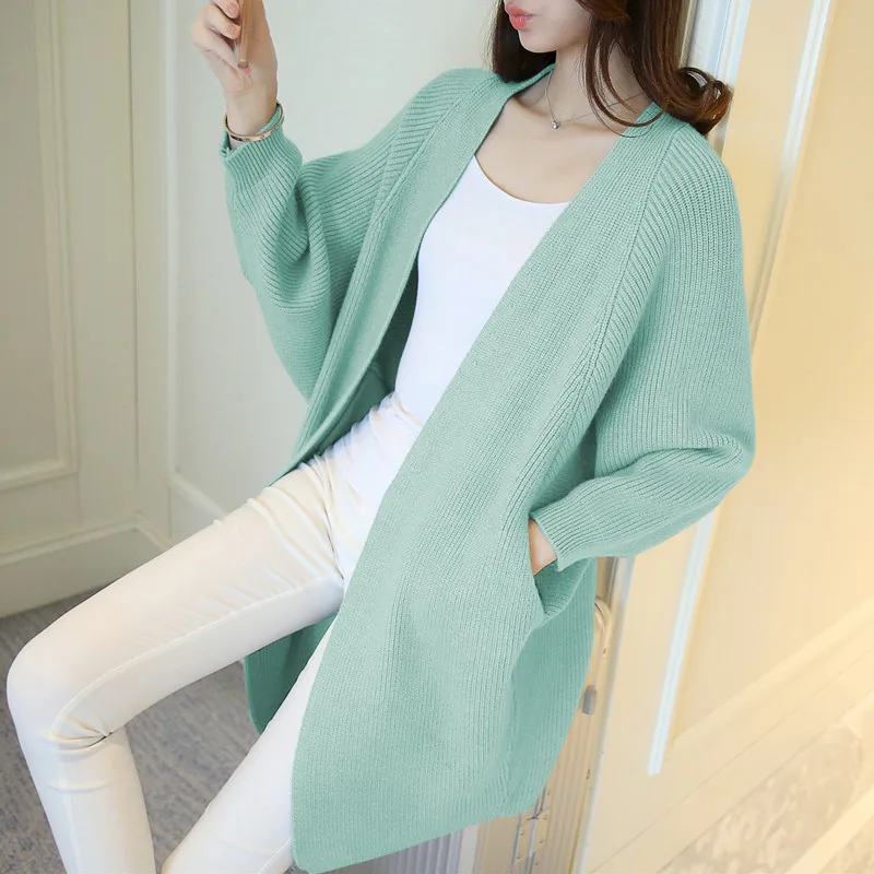 

Spring/Fall Sweater Jacket Female Outer Wear 2022 New Korean Loose Mid-Length Sweater Women Bat Sleeve Pocket Cardigan Knitwear