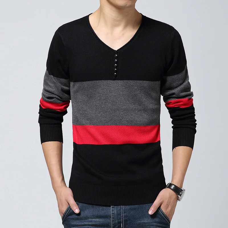 Spring and Autumn New Men's Stripe Contrast T-Shirt Sweater Loose Plus Size Pullover V-neck Casual Underlay Fashion Youth Trend