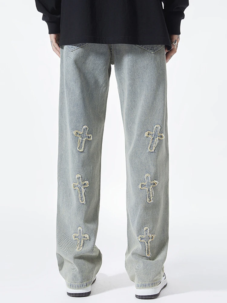 

Oversized Cross Embroidered Print Baggy Men'S Jeans Loose Wide Leg HighStreet Casual Pants High Street Floor Towers HipHop Denim