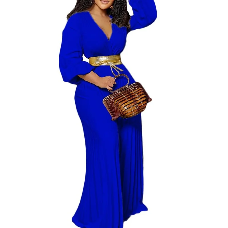 African Women Summer Loose Dresses Casual Pleated Jumpsuit Ladies Elegant V-Neck Robe Fashion Clubwear Wide Leg Pants Trousers