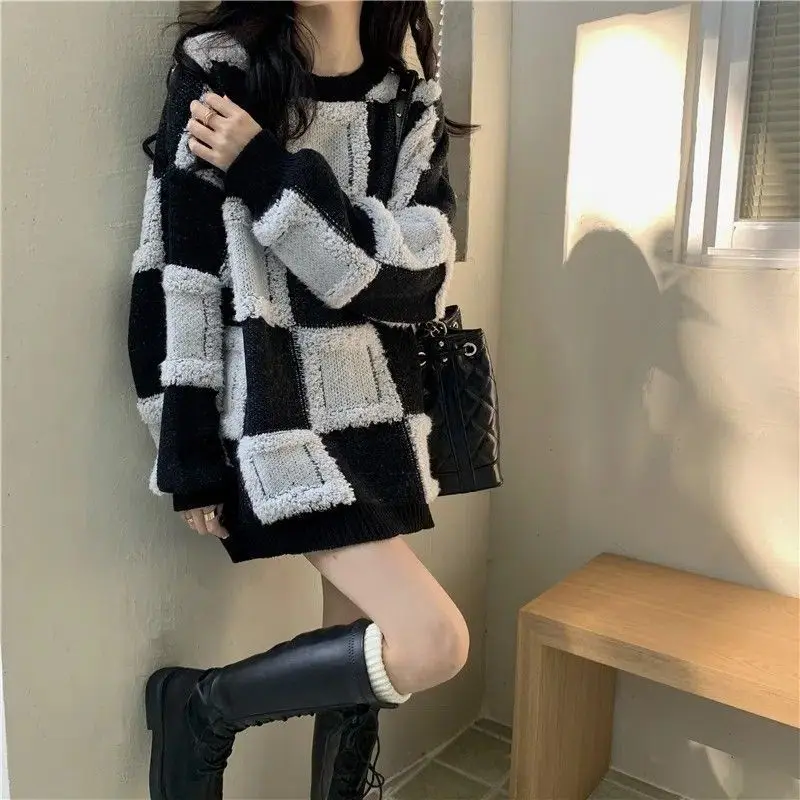 

Women's sweater chessboard children's lazy coat in autumn, winter and spring