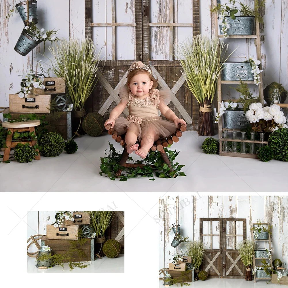 

Spring Easter Backdrop Wood Door Egg Green Plant Decor Background Wooden Floor Child Portrait Birthday Party Photo Studio Props
