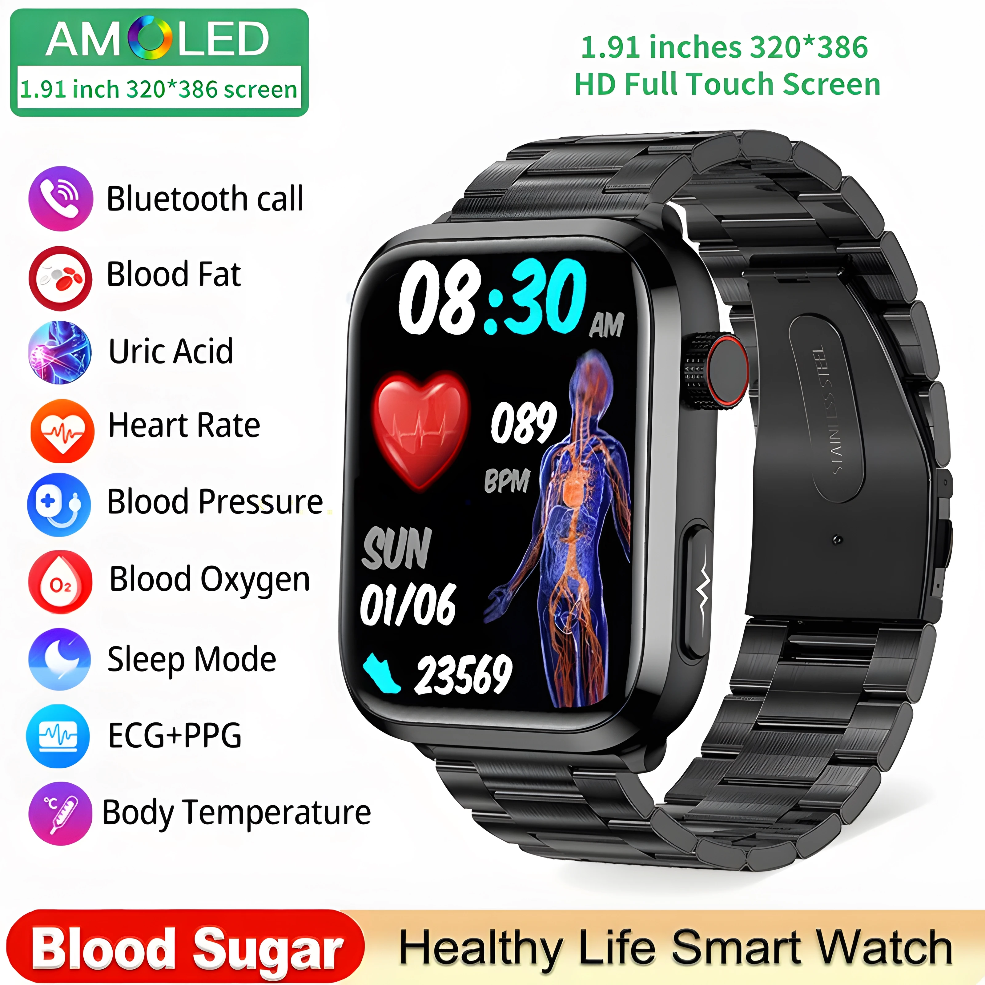 

Non-invasive Blood Sugar Uric Acid Watch Blood Lipids ECG Blood Pressure Health Monitoring SOS Tracker Bluetooth Call Smartwatch