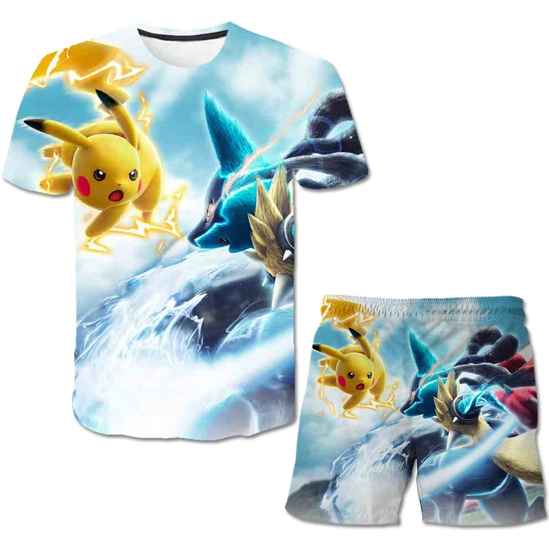 Новинка 2022 детская 3D футболка + шорты Pikachu летний повседневный костюм для двух