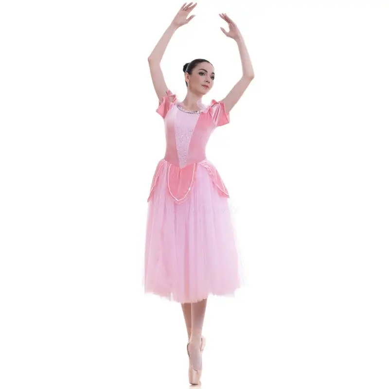 

18701 Candy Pink Short Sleeve Romantic Ballet Dance Tutu Long Ballerina Dress Velvet Bodice with Soft Tulle Tutus