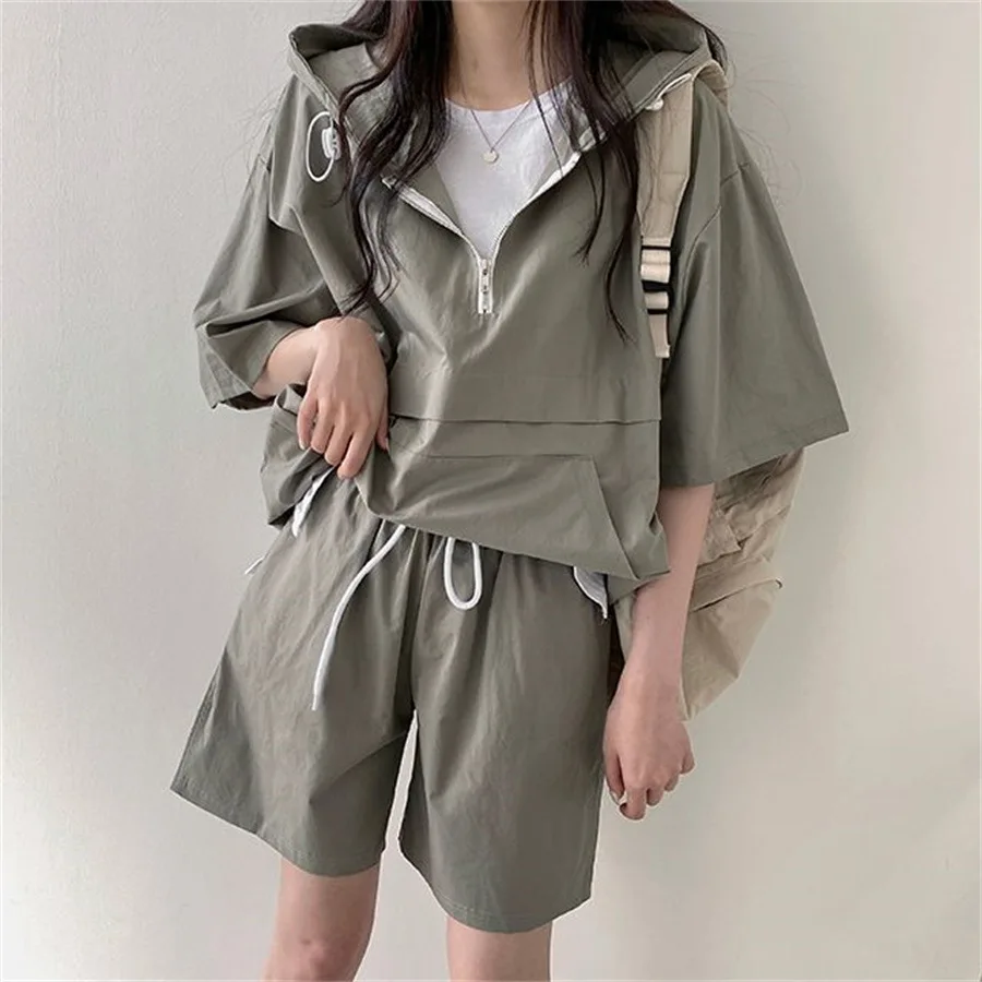 Hooded Sleepwear Korean Style Women Pajamas Shorts Sets Pijama Loungewear Summer Two Piece Set Zipper Night Wear Home Suit
