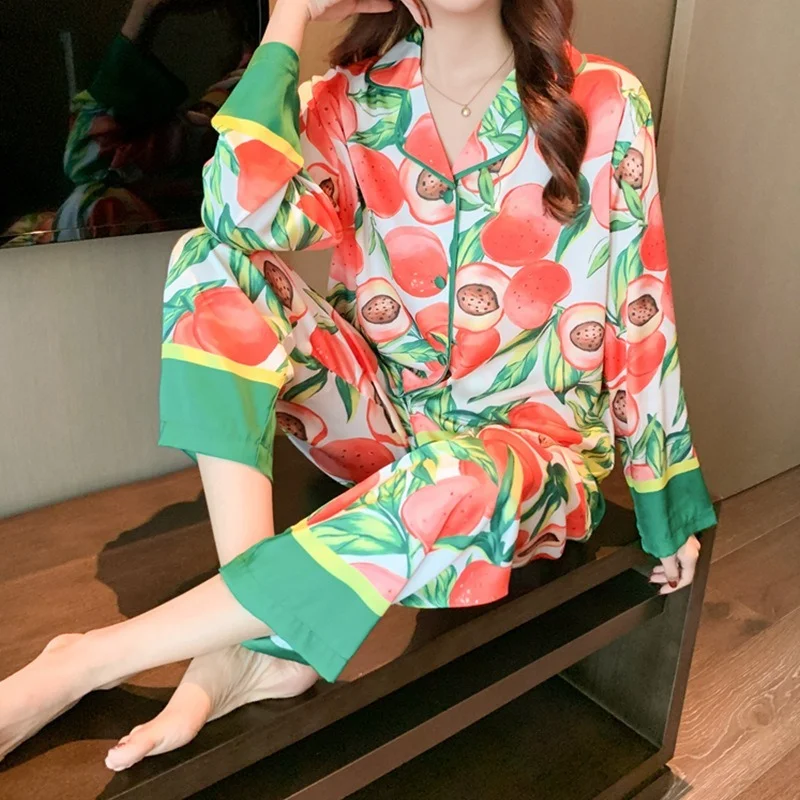 

пижама женская 2022 Spring New Fashion Peach Print Pijama High-end Ice Silk Loungewear Silk Sleepwear Set Pajamas for Women