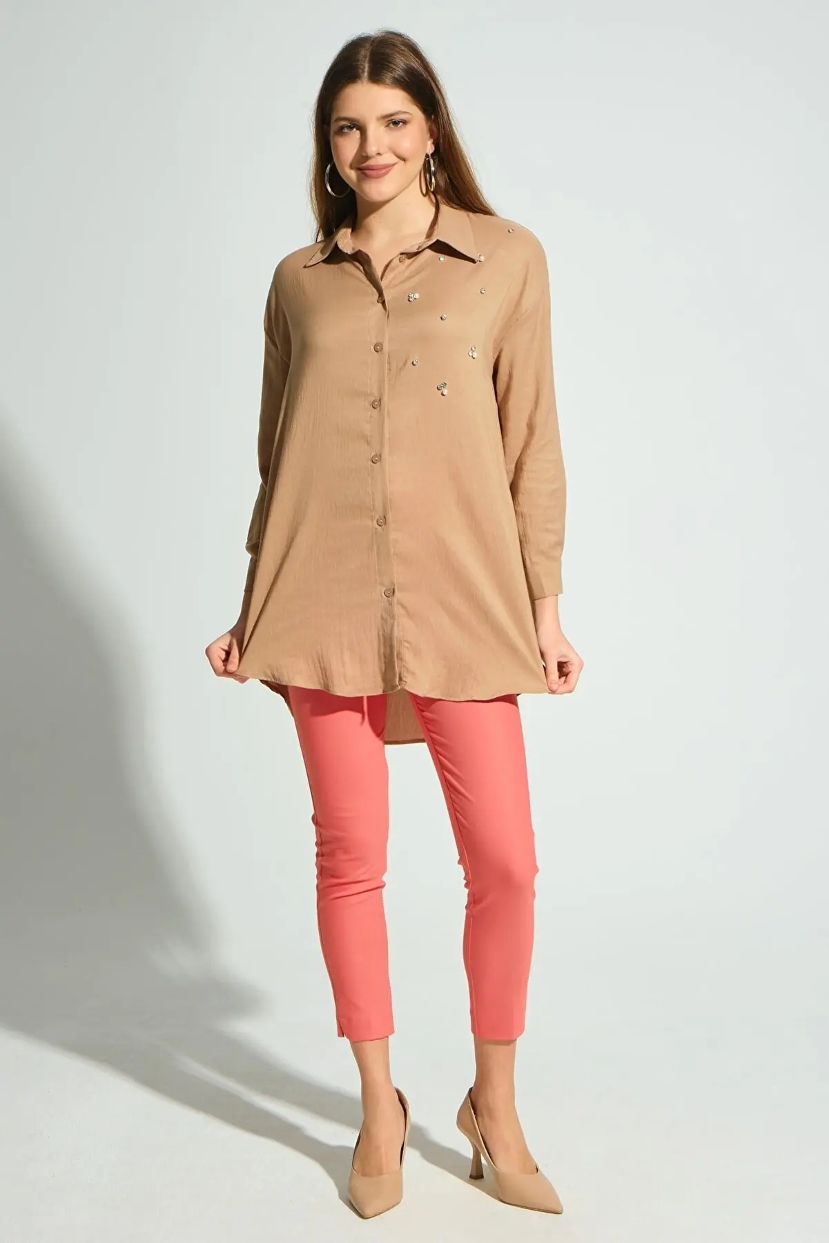 

Female Beige Stone Detail Long Oversized aeroin Fabric Shirt Pretty and Cheap women's blouses 283152004