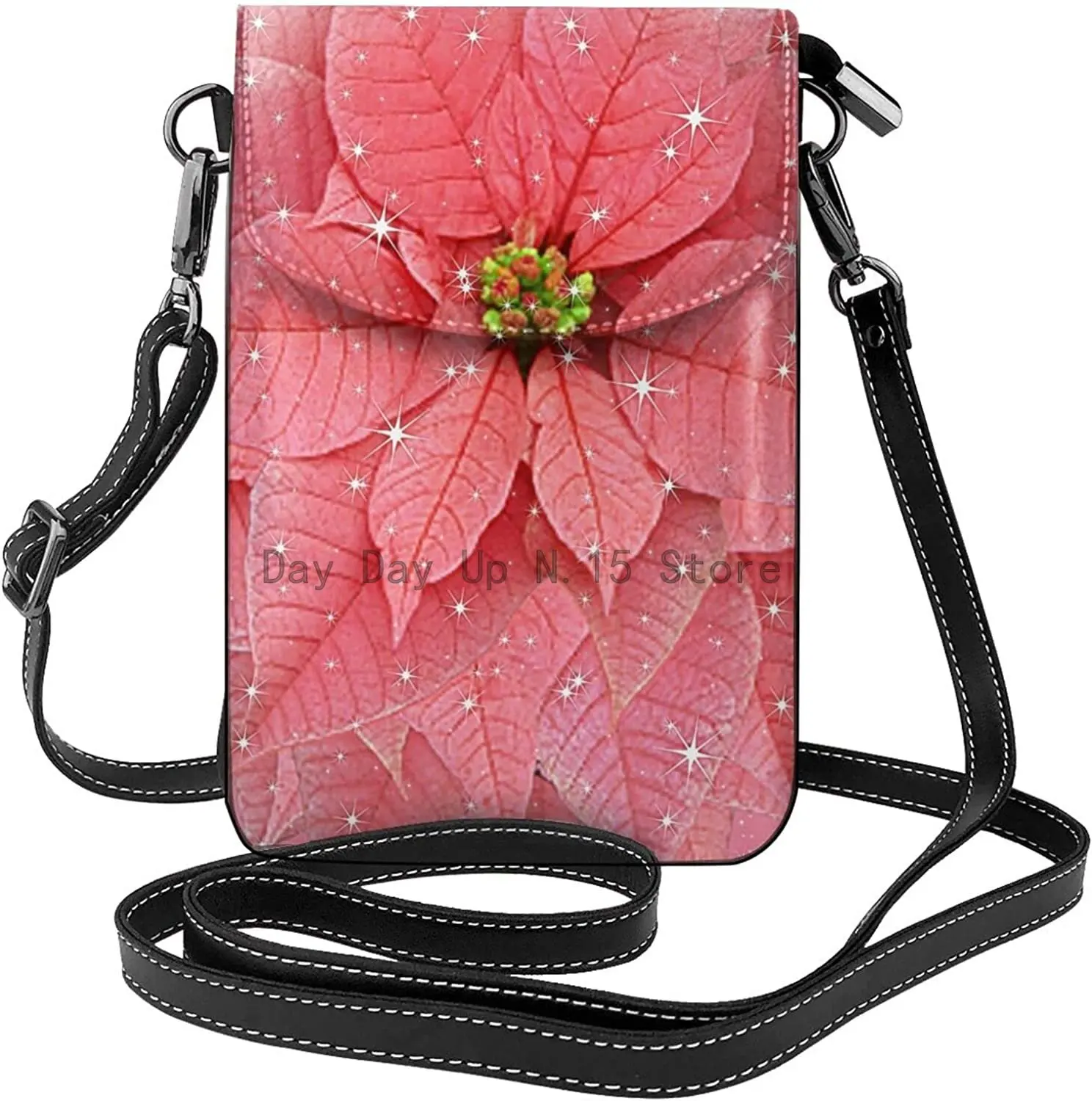 

Pink Poinsettia Holiday Sparkle Crossbody Cell Phone Purse Shoulder Bag purse Small crossbody wallet PU Women Crossbody bag