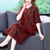 women red floral mulberry silk midi dress summer korean vintage short sleeve dresses 2022 elegant bodycon casual party vestidos