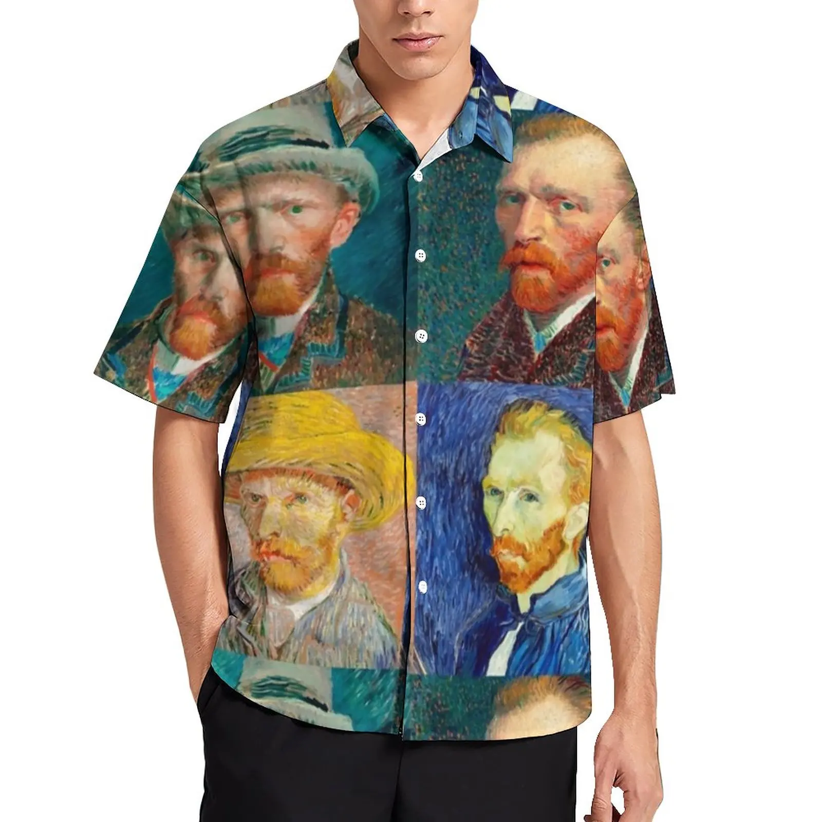 

Van Gogh Blouses Self-Portrait Collage Casual Shirts Hawaiian Short Sleeve Design Fashion Oversized Beach Shirt Birthday Present