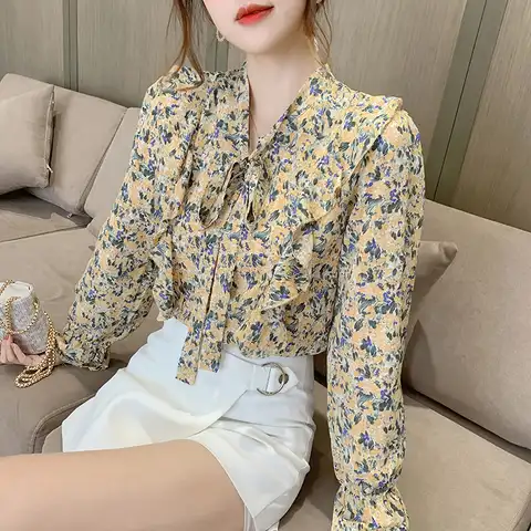 Women Blouse Summer Autumn Fashion Female Long Sleeve Loose Pullover Print Shirts Top Women Casual Chiffon Blouse Plus Size 4XL