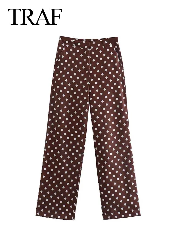 

TRAF Women's Trousers Brown White Polka Dots High Waist Fashion Zipper Straight Pants Street Everyday Ladies Spring Clothing