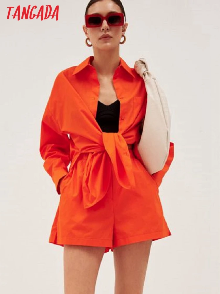 Tangada 2022 Chic Women Orange 100% Cotton Oversized Shirt Sets 3 Piece Set Suits Match Color Shirt Short Pants Suits 6L43