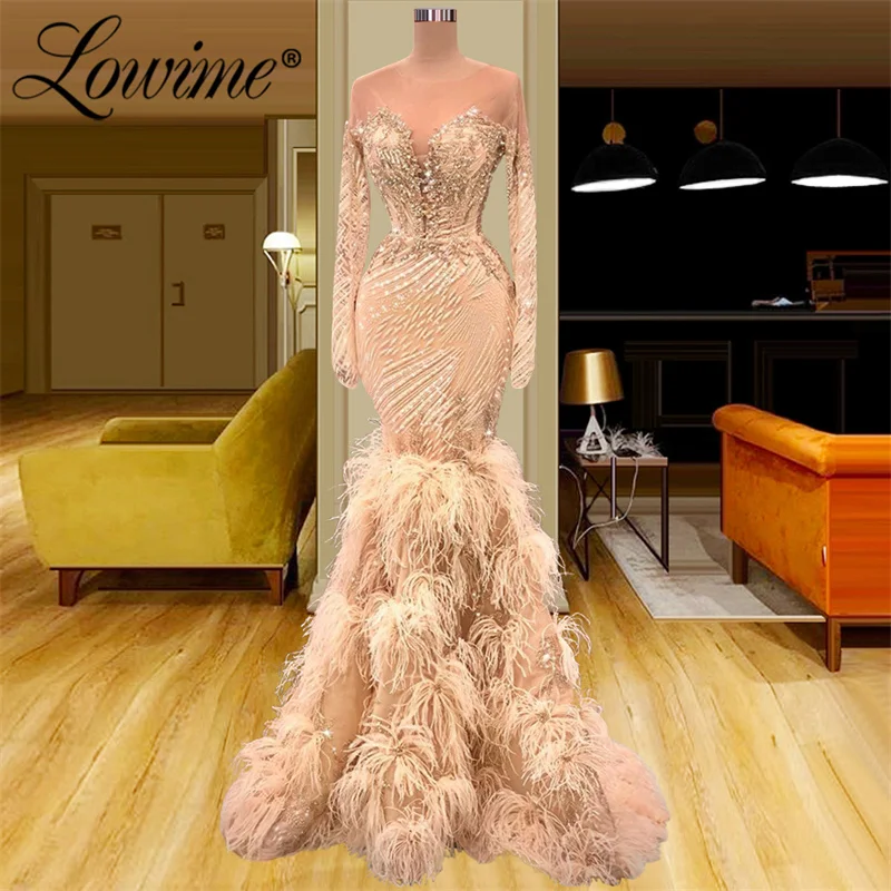 

Lowime Feathers Champagne Evening Dresses Full Sleeves Mermaid Party Dress Beaded Crystals Long Plus Size Prom Gowns Formal