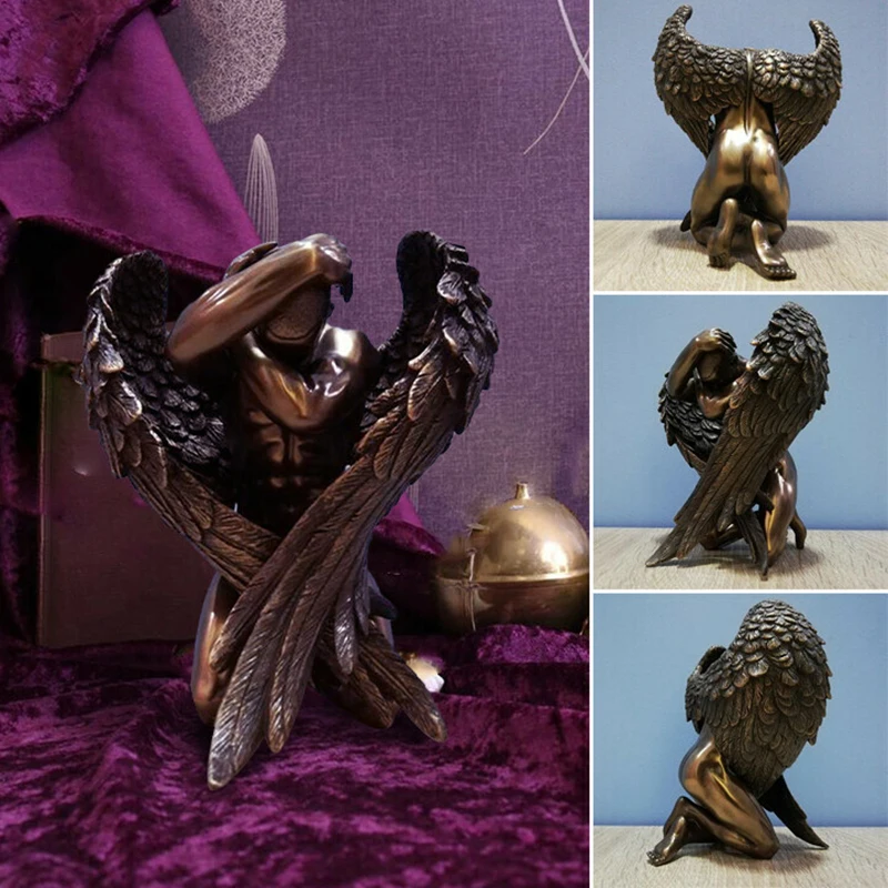 

Fallen Angel Kneel Down Figurine Sliver Gold Male Female Angels Resin Ornament For Garden Art Decoration Accessories Part