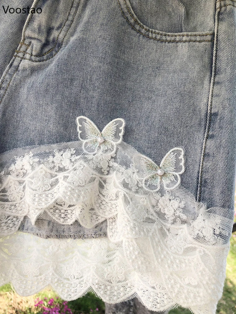 Летние милые кружевные джинсовые шорты с оборками женские корейские шикарные