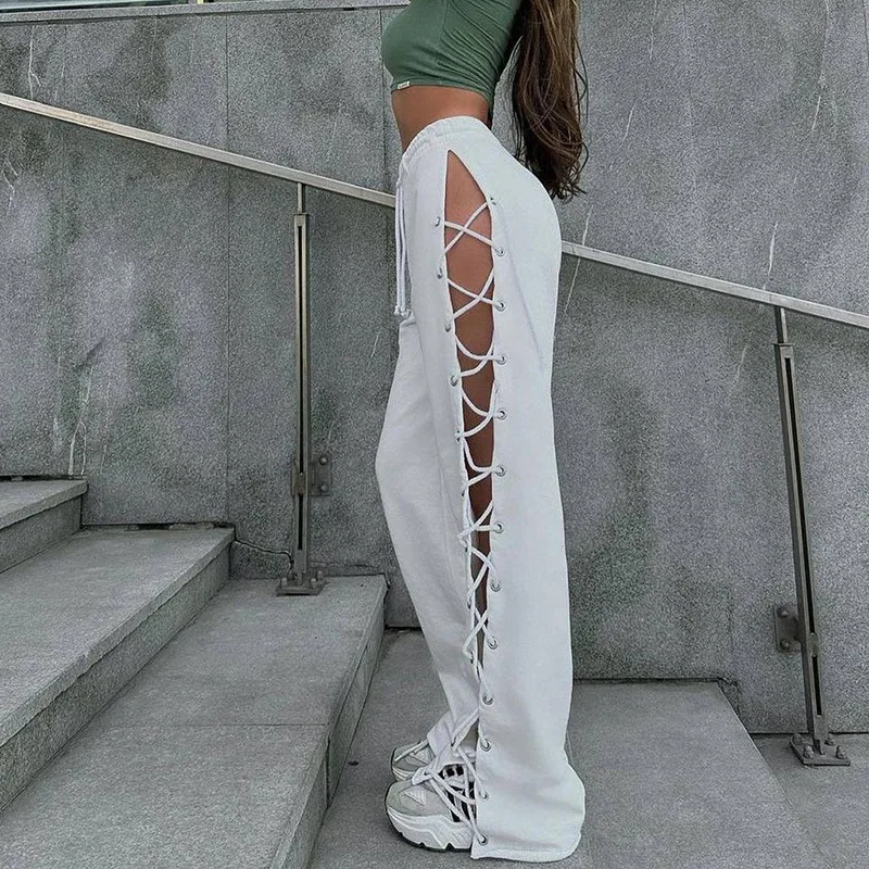 Solid Color Elastic Waist High Slit Pants Drawstring Knitted Bandage Hollow Out Sweatpants Casual Streetwear Women Trousers