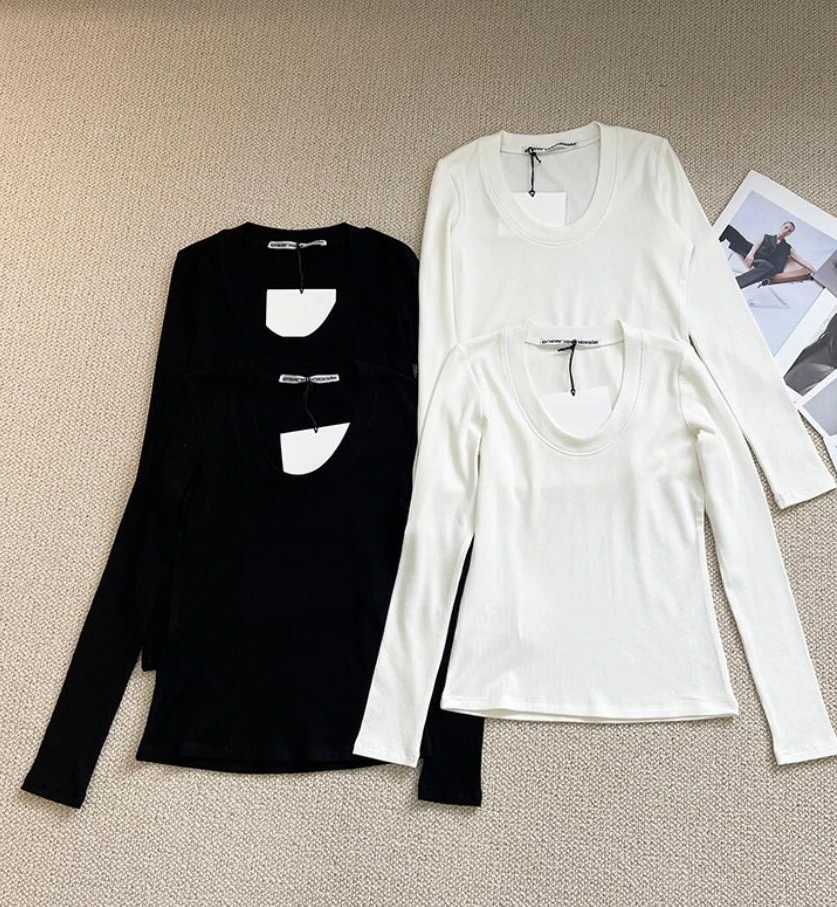 

133333 Fashion Classic Trendy Luxury Designer Cloth Women Elastic Solid Color Slim Long Sleeved T-shirt Knit Bottoming Shirt Top