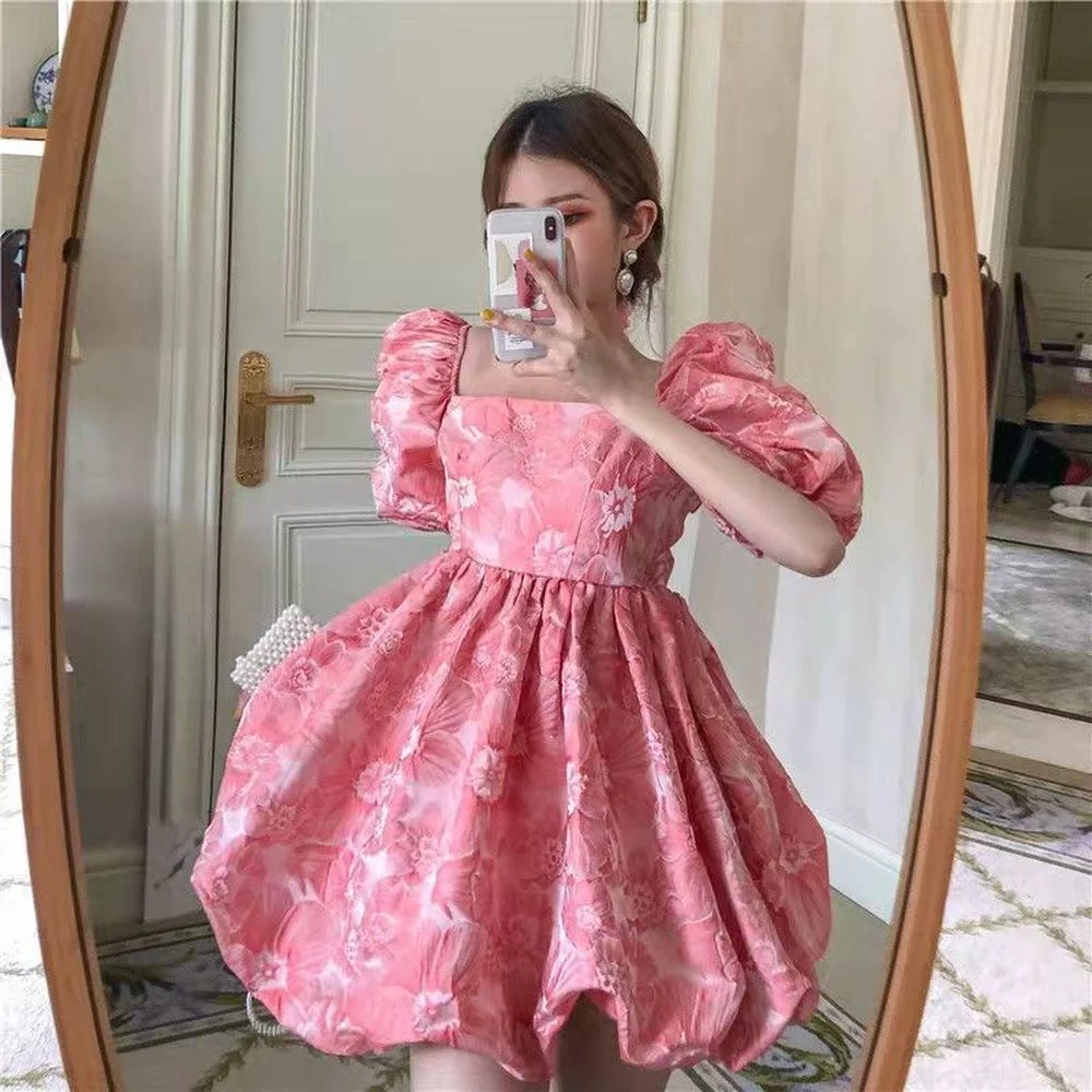 

Sweet Women Rose Jacquard Princess Party Dresses Sexy Square Neck Puff Sleeve White Pink Mini Dress Women Summer Short Vestido