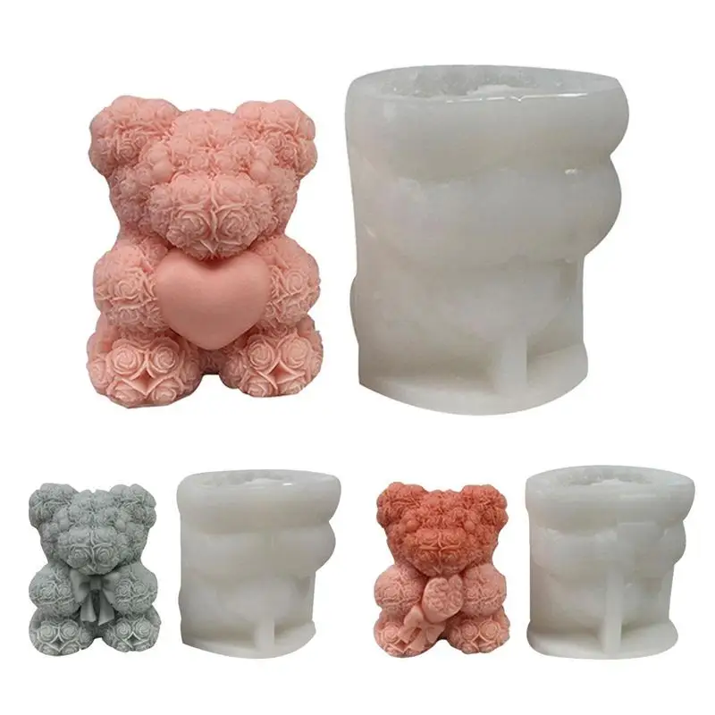 

3D Bear Shape Silicone Candle Mold Easy Demoulding Cute Rose Bear Candle Making Resin Mould For Room And Home Decoration