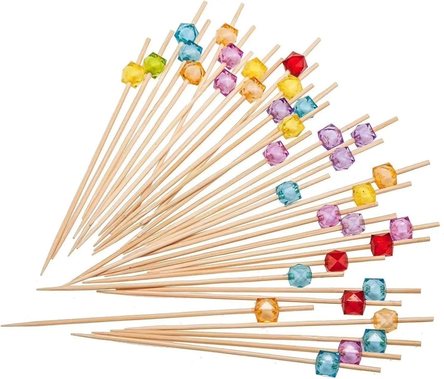 

Hand-made natural bamboo sticks with cubed beads for cocktails, appetizers, fruits, dessert, 300 units, multicolored