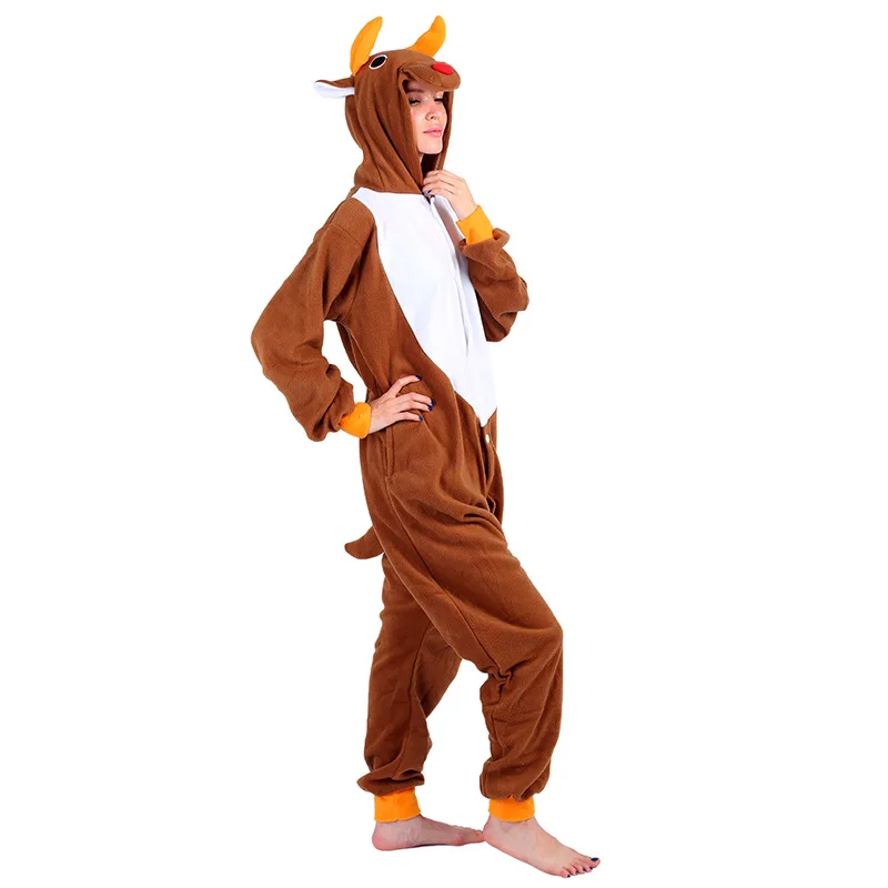 Unisex Winter One-Piece Cartoon Mi-Lu Pajamas With Two Antlers Polyester WarmComfort Double Breasted Length To The Thigh Cosplay
