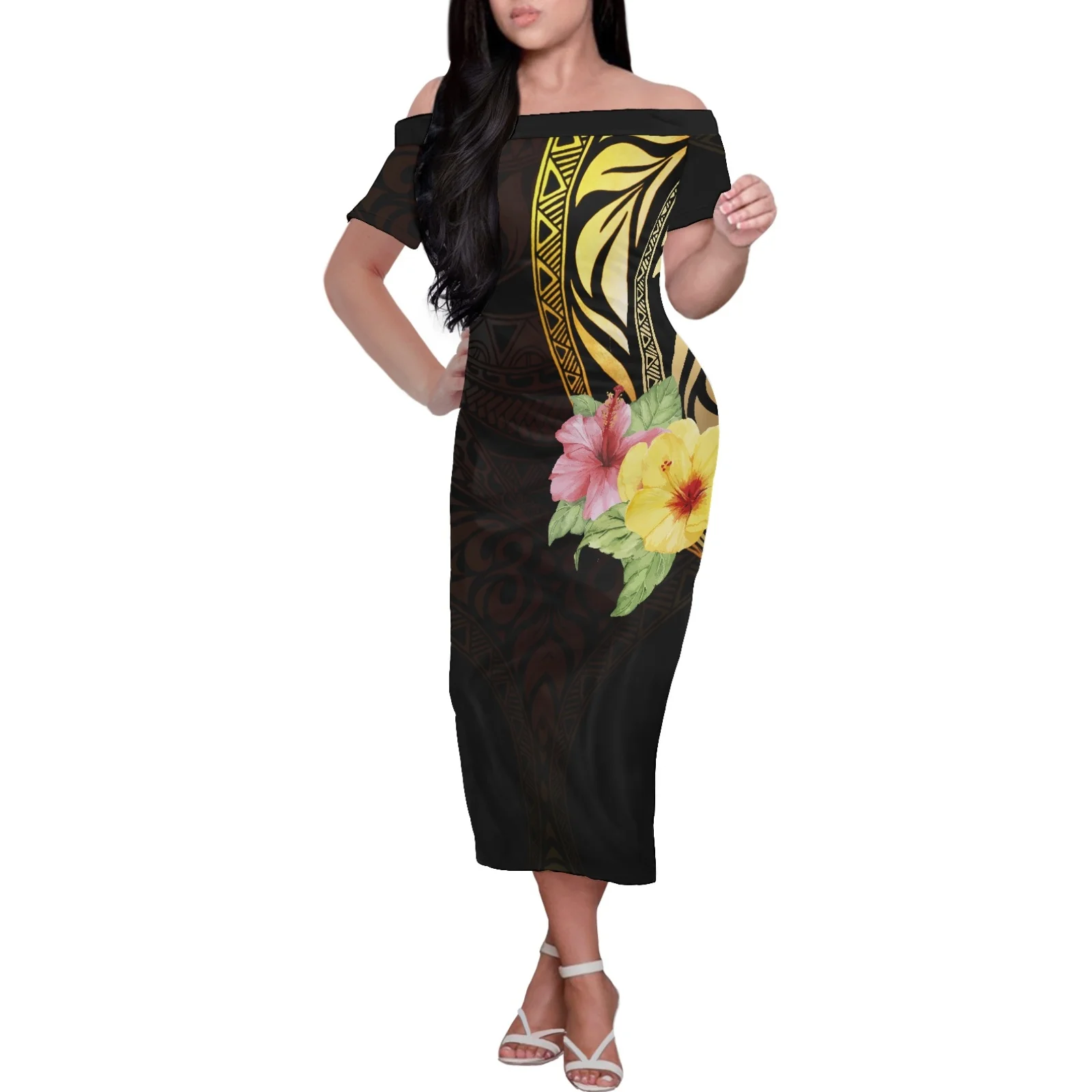 

Samoan Tribal Polynesia Tattoos Women Summer Sexy Fashion Elegant Bodycon Midi Off Shoulder Short Sleeve Women Party Dress