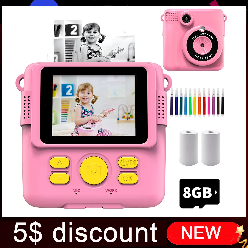 

Kids Camera For Children Instant Print Camera Video Type-C Charging with Fill Light Night Photo Selfie Mirror For DIY Toys Gift