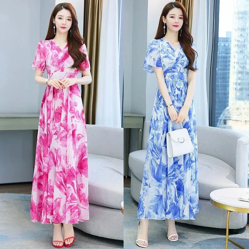 2024 новое летнее женское платье средней длины утягивающая талия большая юбка