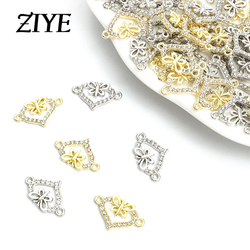 

10pcs Fashion Heart Butterfly Charms Connector Silver/Gold Color Openwork Romance Alloy Rhinestone Pendant DIY Accessories Gifts