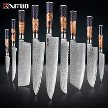 XITUO 1-9 Piece Kitchen Knives Set Damascus Steel Chef Knife Sharp Cut Vegetables Sliced Meat Bread Blue Resin Honeycomb Handle