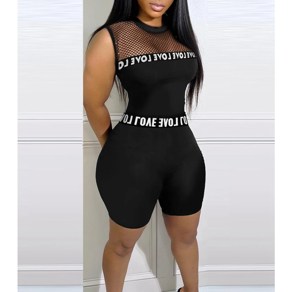 

Wepbel Mesh Ribbon Matching Sleeveless Top 2 Piece Pants Letter Band Patch Fishnet Design Top & Shorts Sets Sports Skinny Shorts