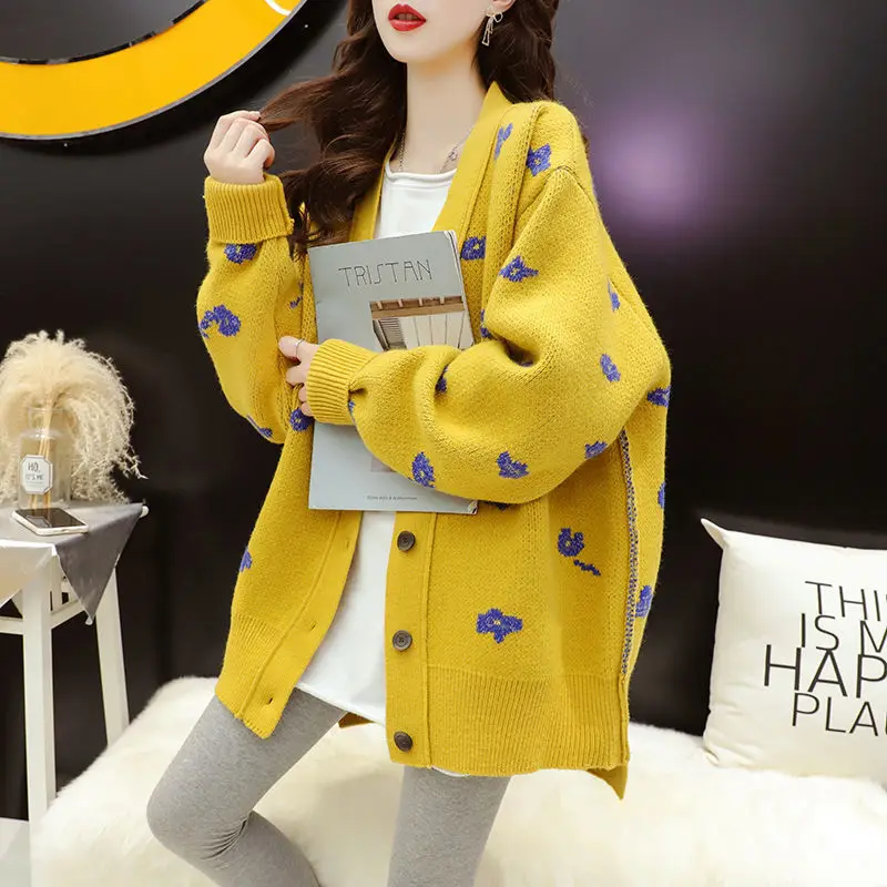 

DAYIFUN Knitted Button Cardigan Women Autumn Korean Fashion Sweater Floral Pattern Loose Coat Long Sleeve V-neck Mid-length Coat