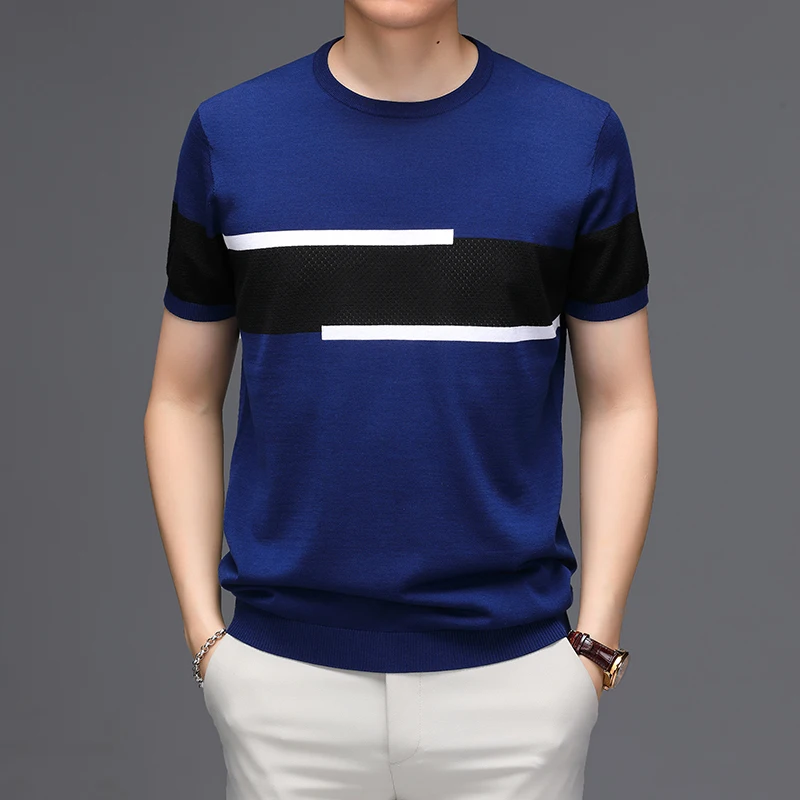

Men's 2023 Summer New Mulberry Silk Blended Casual Contrast Color Striped Short-Sleeved T-shirt Men's Top