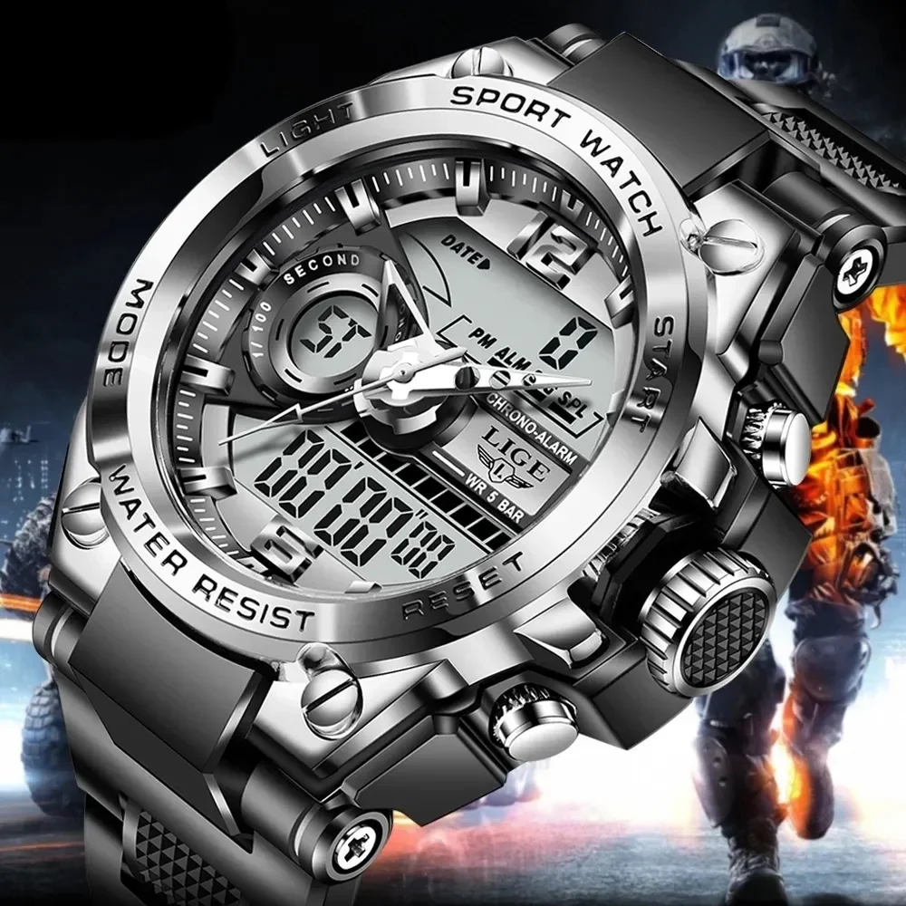 

Часы наручные LIGE Мужские Цифровые в стиле милитари, водонепроницаемые кварцевые спортивные, большие, 50 м