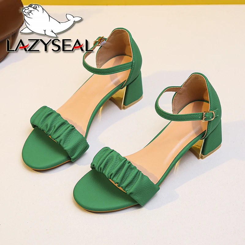 

Женские Классические босоножки LazySeal, с плиссировкой, на квадратном каблуке 4 см, однотонные сандалии, зеленые, большие размеры до 45, 2022