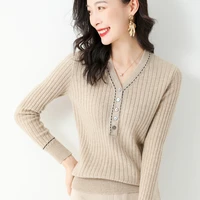 high quality spring autumn new woman sweater cashmere wool blend v neck pullover slim knit bottoming coat concise exquisite