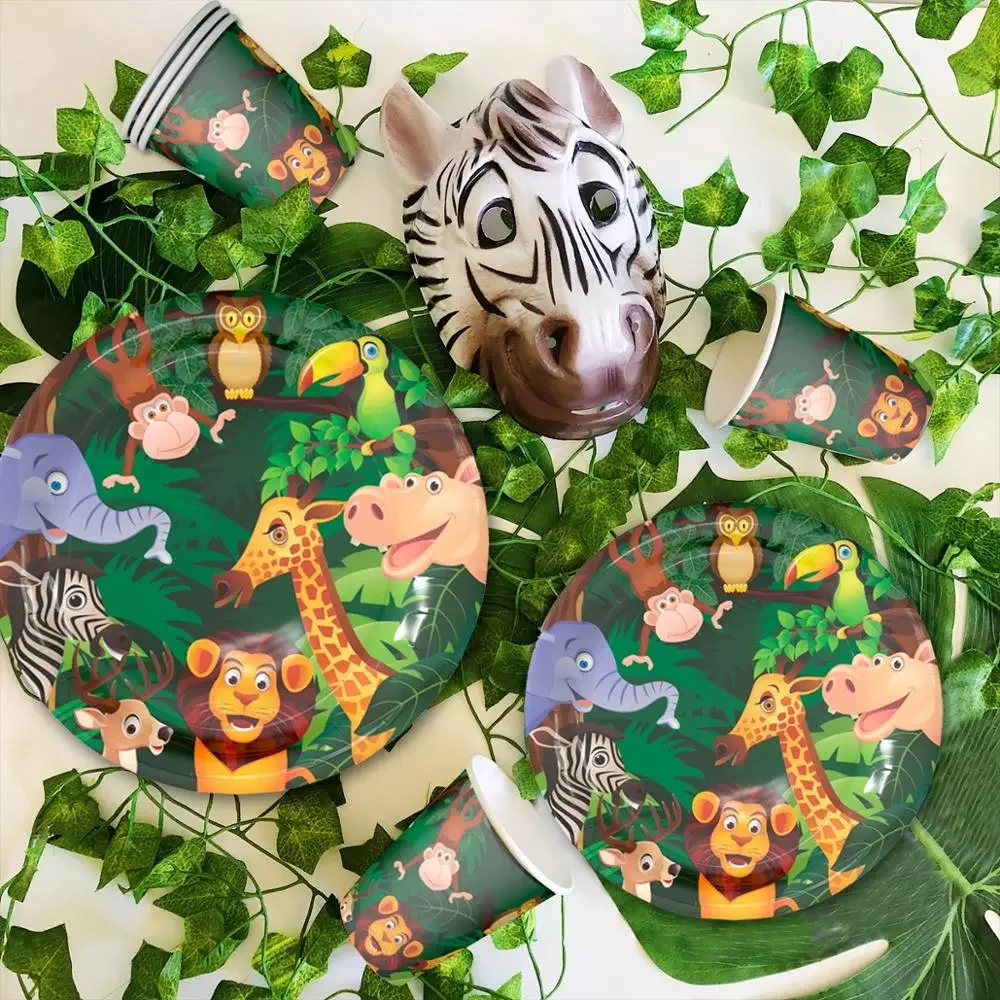 

2022 Jungle Animal Supplies Tableware Happy Birthday Party Decor Kids Boy Jungle Theme Party Safari Party Decor Green Forest