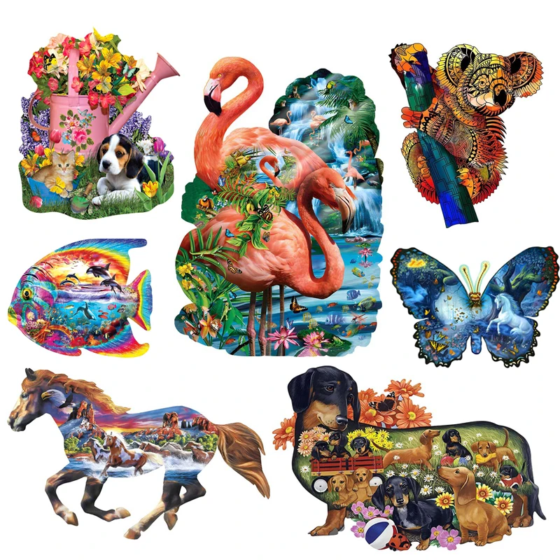 Relaxing Adults Wooden Animal Puzzles Games Kids Jigsaw Puzzle Wood Toys Children Wooden Puzzle Butterfly Unicorn Flamingo Gifts