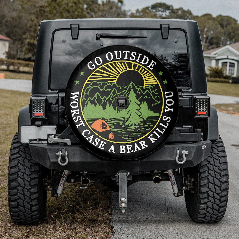 

Bear - Go outside Black Car Wrap, Camping Lover Car decor, Spare Tire Cover For Car, Car Accessories, Spare Tire Cover, Valentin