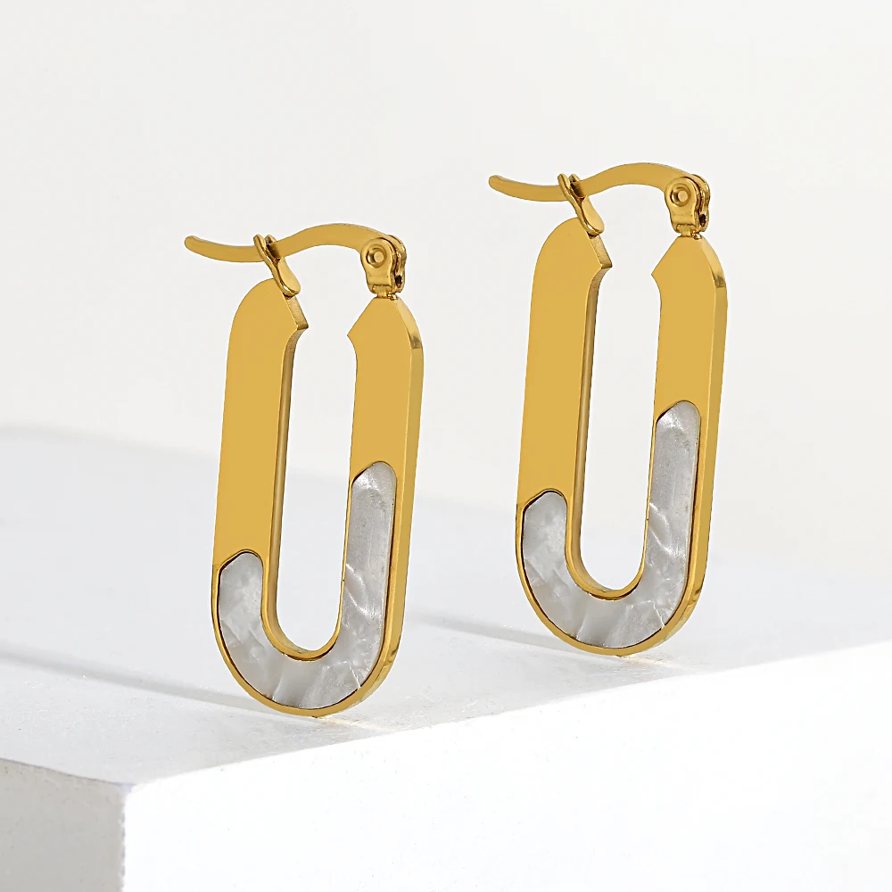 

1pair Stainless Steel Metal Inlaid White Shell U-Shape Long Earrings for Women Fashion Gold Color Hoop Ear Accessories Gifts
