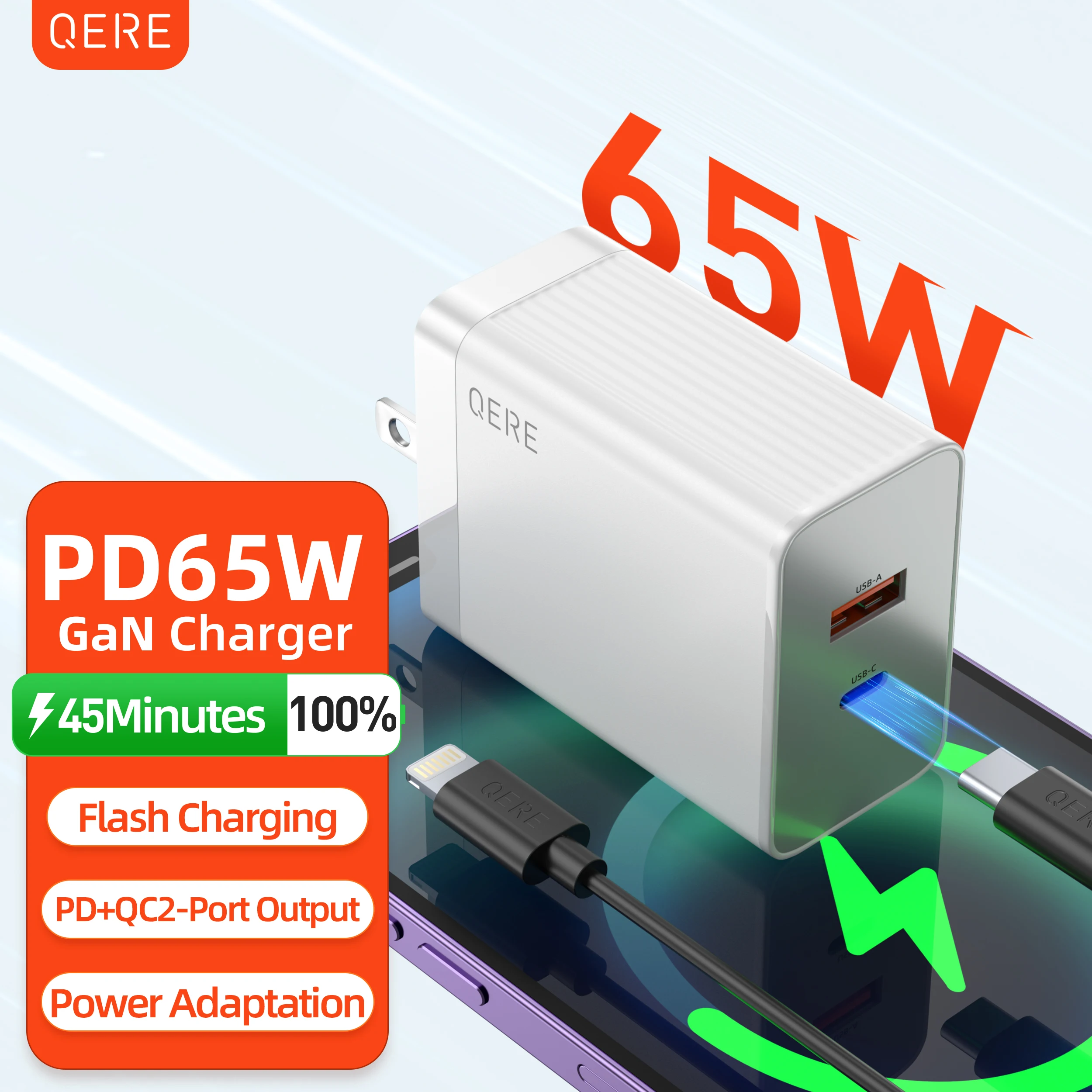 

QERE PD 65W GaN Phone Universal Adapters US Plug Safe Type C USB Intelligent Lightning Fast Charging Mini Portable Fast Charger