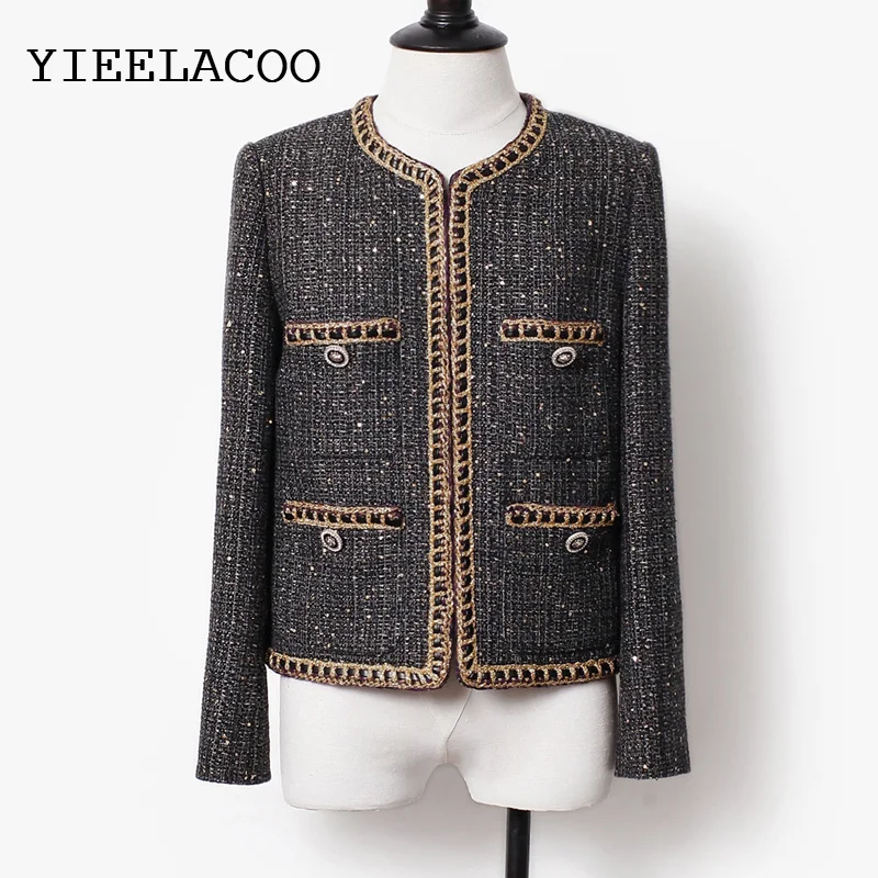 

Tweed Brown Outerwear Spring /Autumn / Winter Coat Temperament One Piece Round Neck Casual Women's Jacket