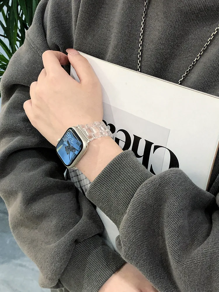 Transparent Resin Strap for Apple Watch 8 7 41mm 45mm Ultra 49mm Link Bracelet for IWatch Series 6 5 4 Se 40 44mm 3 2 1 38 42mm