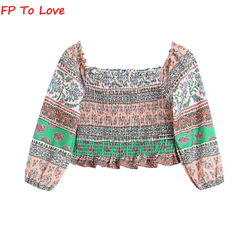 

FP TO LOVE Linen Blend Women's Fashion Ruffle Print Smocked Crop Top Vintage Straight Neck Short Sleeve Shirt Chic Top
