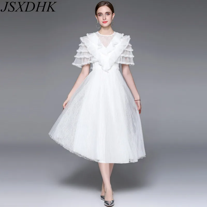 

New Runway Fashion Summer Mesh Lace Patchwork Pleated Dress Vintage Women O Neck Ruffles Sleeve White Hollow Out Long Vestidos