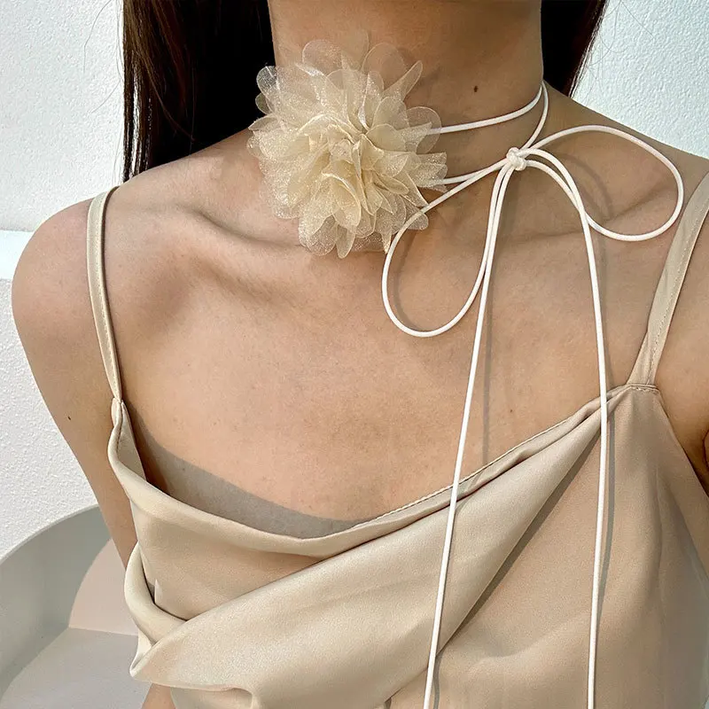 

Boho Vintage Flower Bride Wedding Necklace For Women Chiffon Velvet Choker Necklaces Beach Jewelry Gift