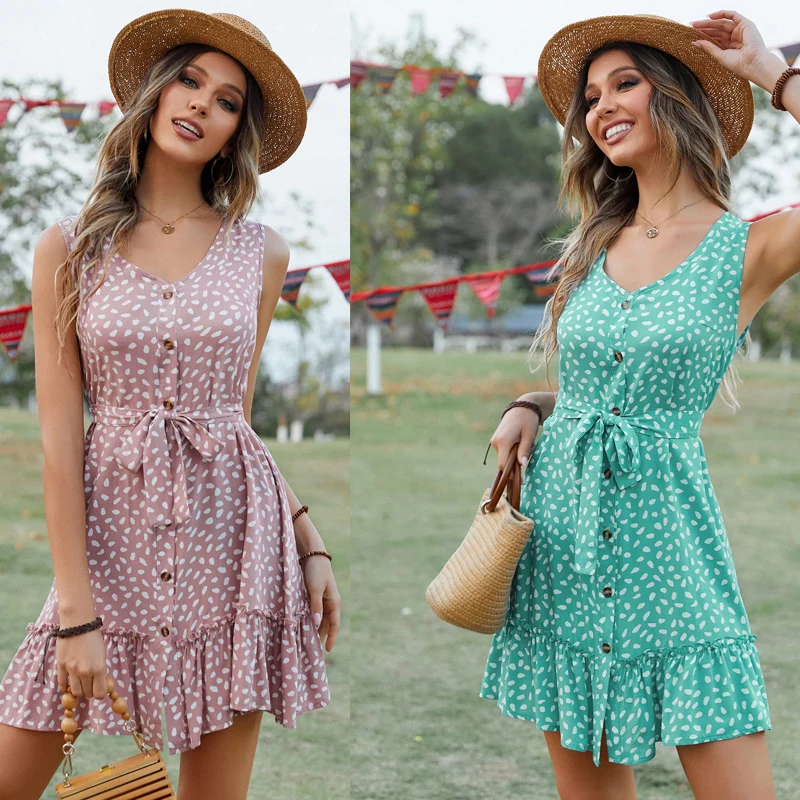 

2023 Women Summer V Neck Cotton Print Sleeveless Lace-up A-line Vest Slim Short Dress Sundress Casual Beach